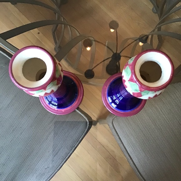 A. Suman Santa Barbara Handpainted Thrown Pottery Candlestick Pair Beautiful - Picture 8 of 9